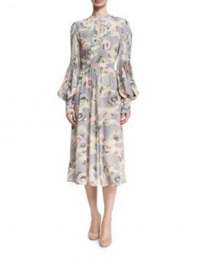 Co. Mum Print Silk Bishop-Sleeve Keyhole Midi Dress